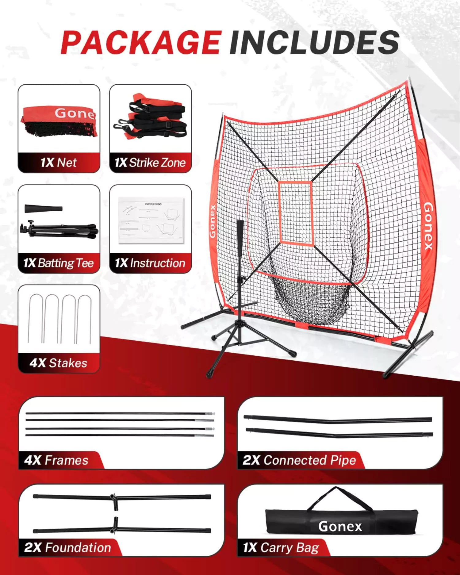 Gonex batting net and tee package content