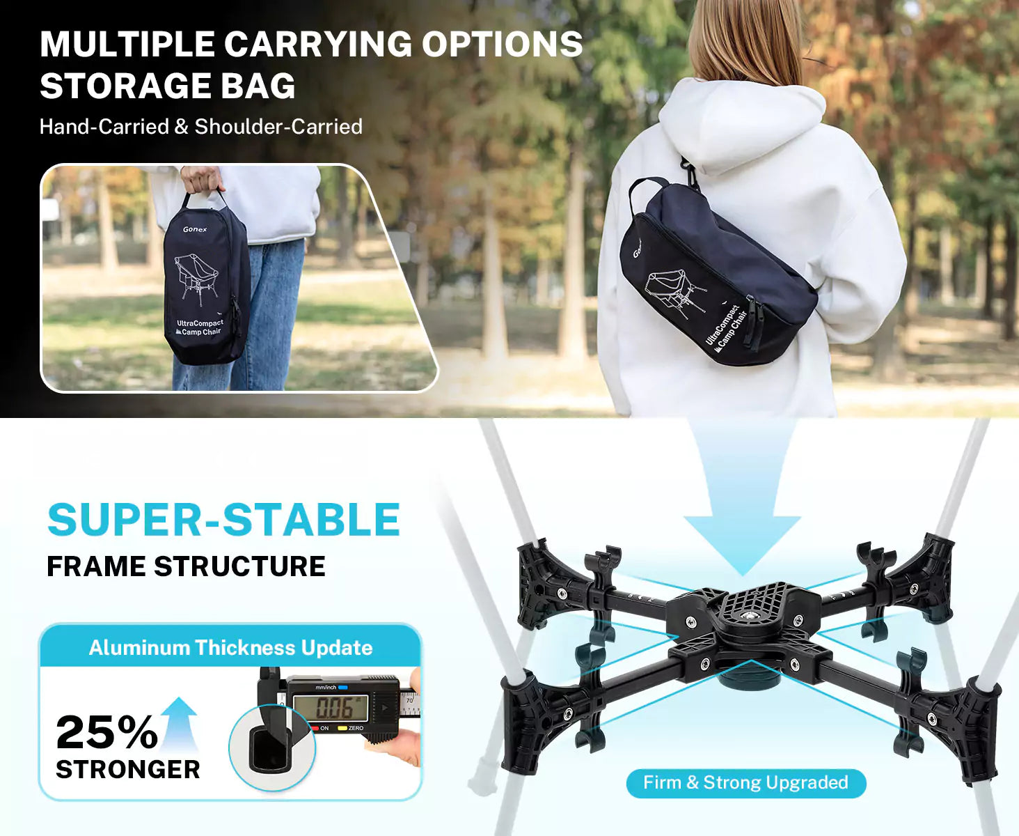 Multiple carrying options storage bag and super stable outdoor folding chairs