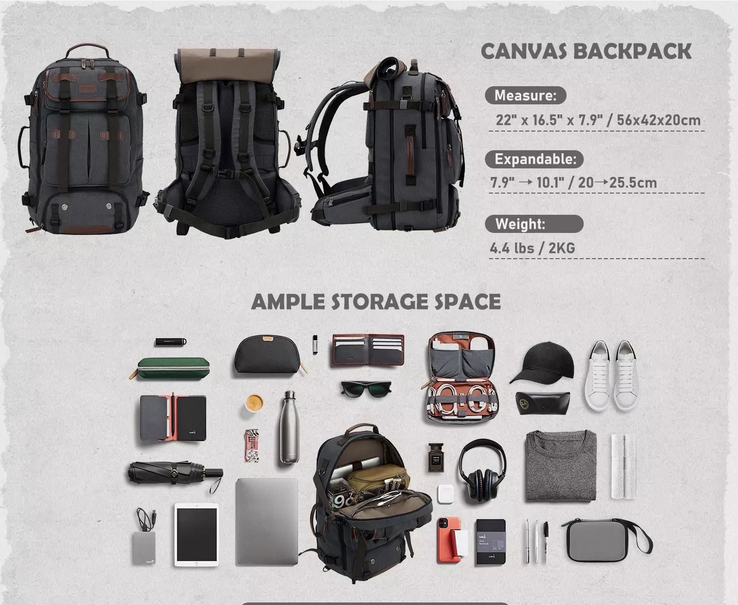 Gonex canvas backpack specification and ample storage space
