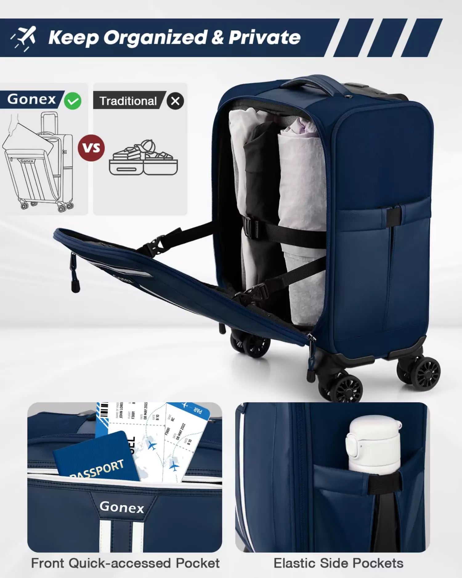 Organized and private carry on suitcase on luggage