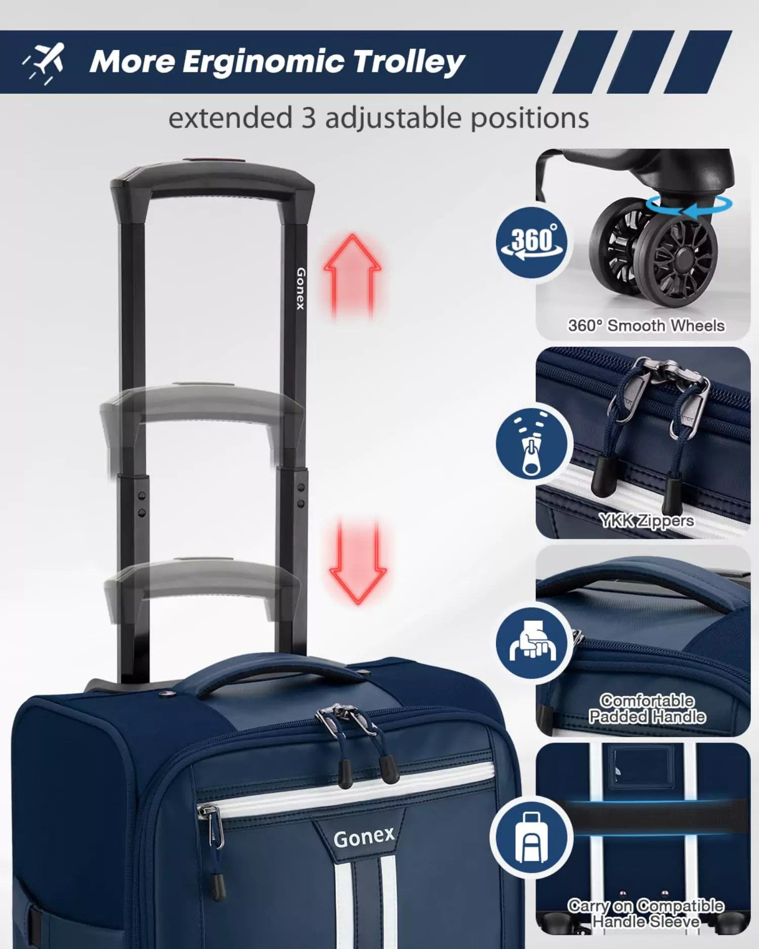 More erginomic trolley carry on suitcase on wheels