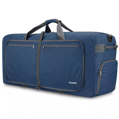 Blue duffel bag with gray straps