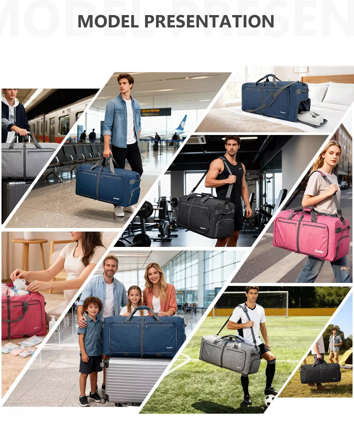 Collage of people using various travel duffle bags in different senarios scene
