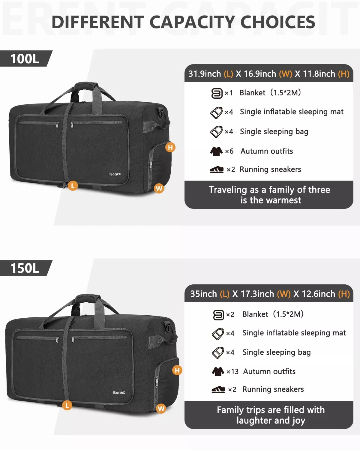 Two black travel bags with capacity labels and item lists