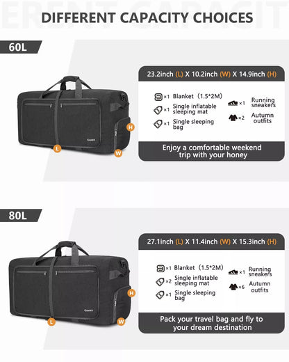 Two black foldable travel bags with capacity labels and dimensions