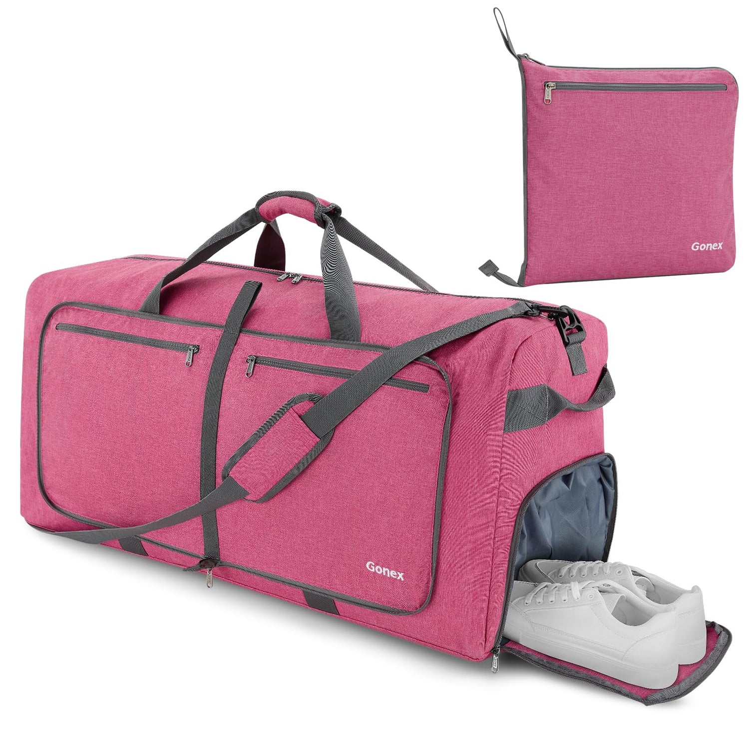 Pink travel duffel bag with shoe compartment and matching pouch