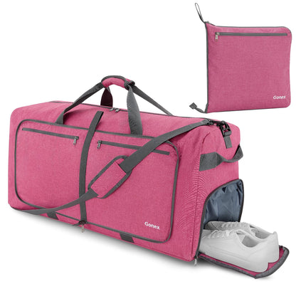 Pink travel duffel bag with shoe compartment and matching pouch