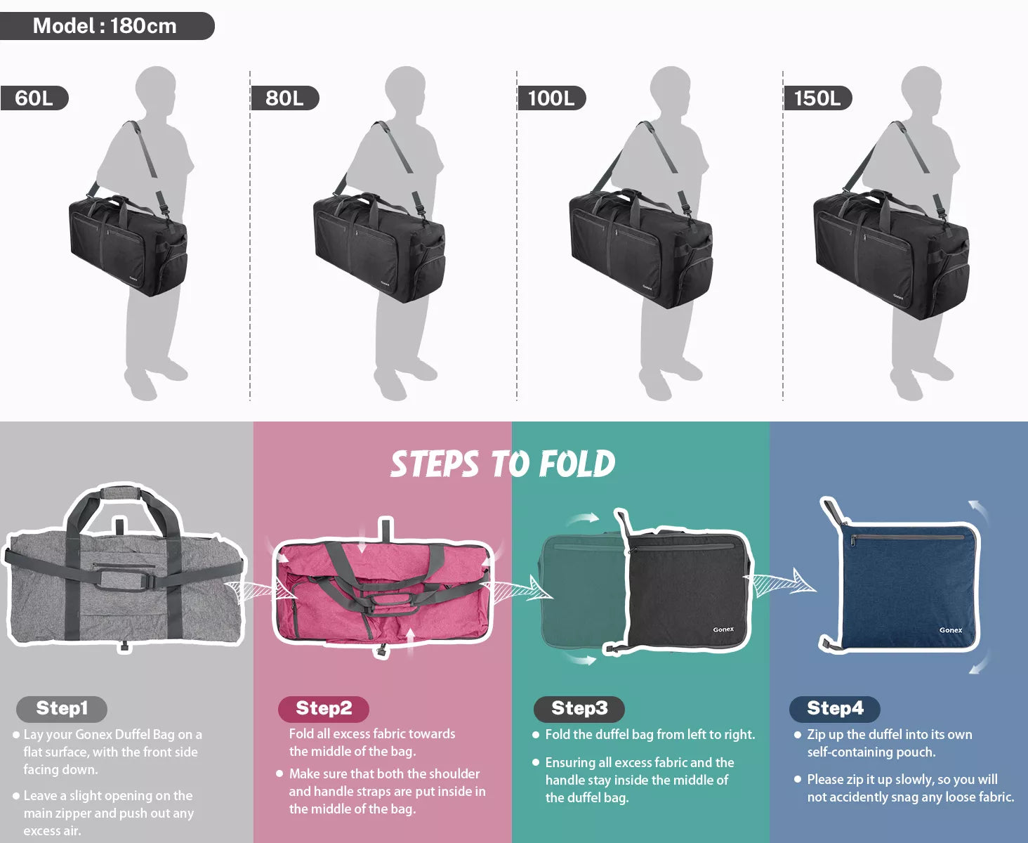 Diagram showing different size options of a Gonex travel duffle bag and step-by-step instructions on how to fold it.