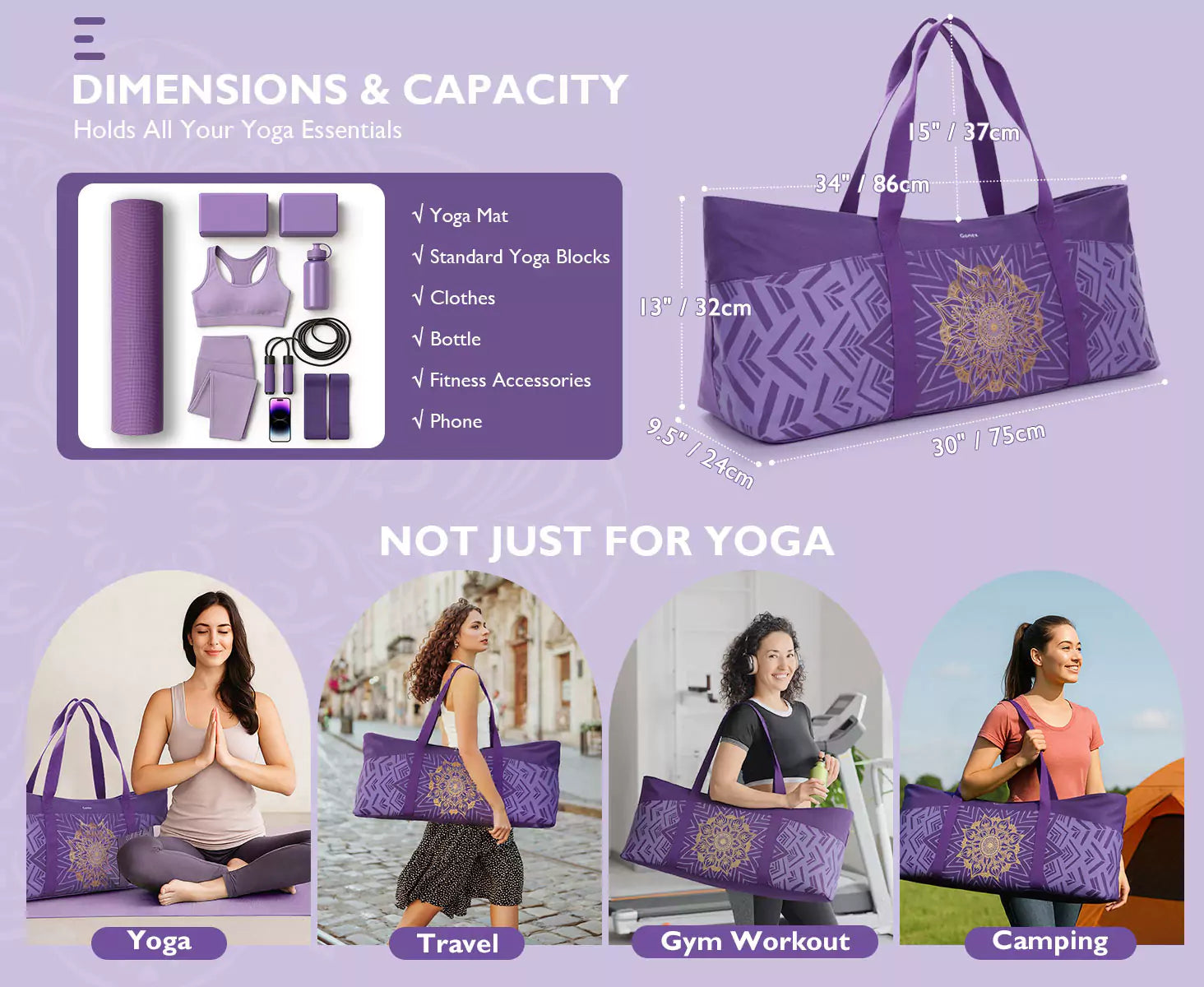 Dimensions and appliacitons of yoga mat holder bag
