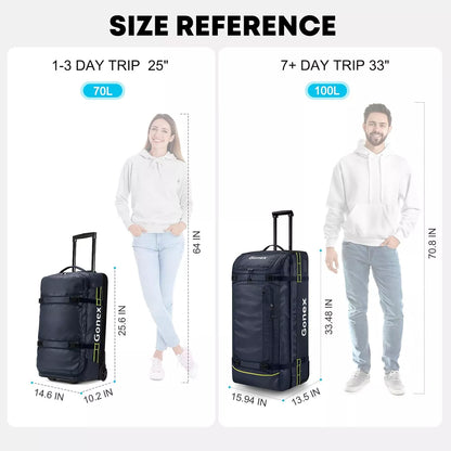 Size reference chart for 25 inch travel duffle bags dimensions