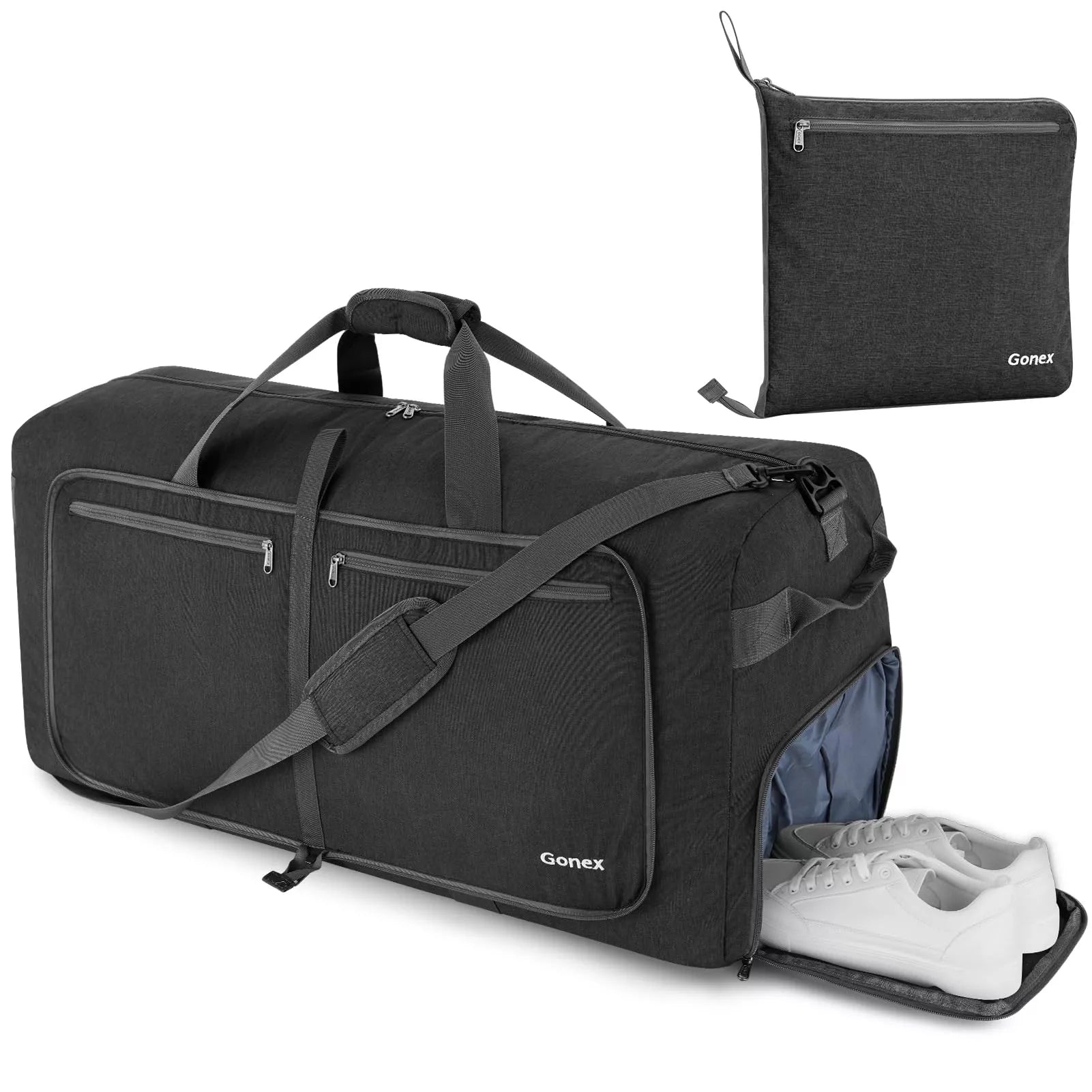 Black duffel bag with a smaller black pouch