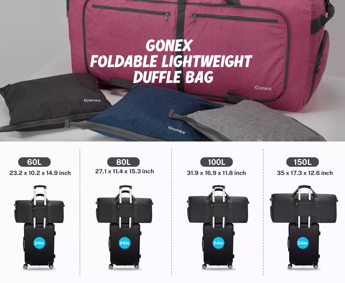 Gonex foldable lightweight duffle bag with different sizes displayed