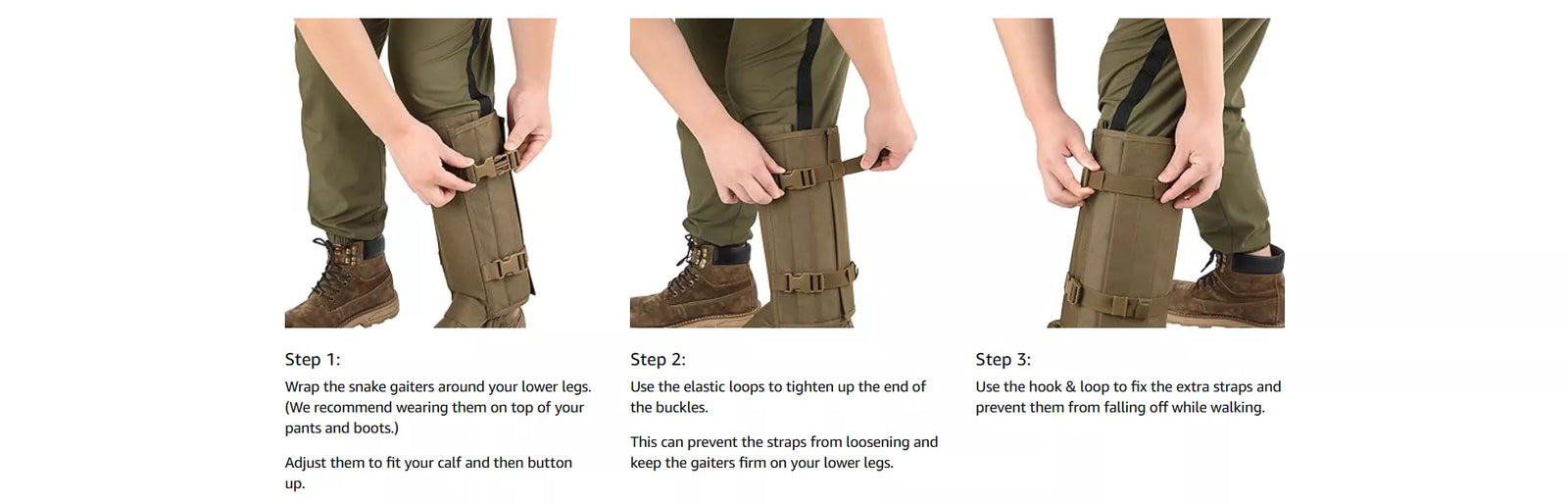 Instructions on how to use gaiters on legs