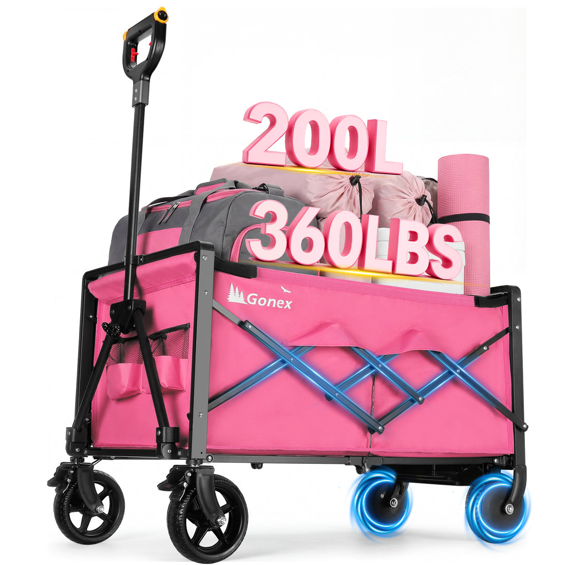 A pink Gonex folding utility wagon with black wheels and blue-tinted wheels, shown loaded with gear and large text overlays reading &