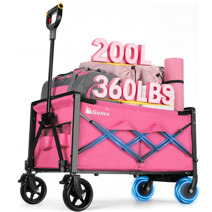 A pink Gonex folding utility wagon with black wheels and blue-tinted wheels, shown loaded with gear and large text overlays reading &