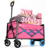 A pink Gonex folding utility wagon with black wheels and blue-tinted wheels, shown loaded with gear and large text overlays reading &
