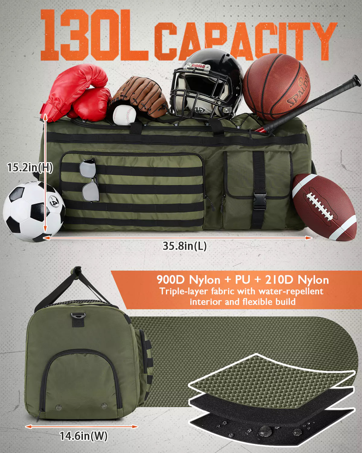 130L capacity gym duffle backpack