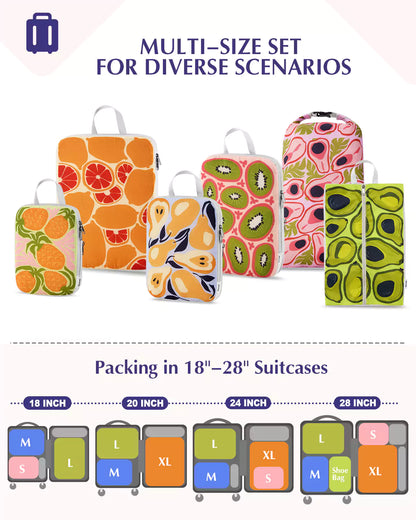Multi size juicy fruit pattern packing cubes set for diverse scenarios
