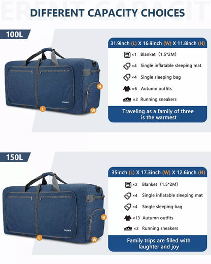 Two gonex blue duffel bags with 100l and 150l capacity labels and item lists