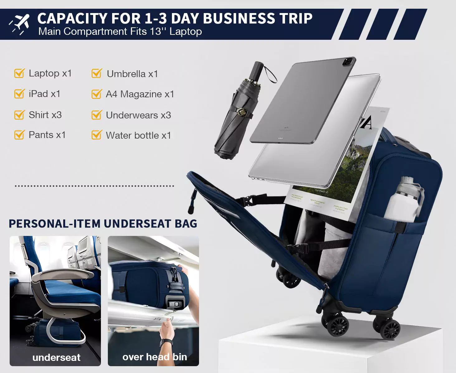 Luggage carry on roller capacity for 1-3 day business trip