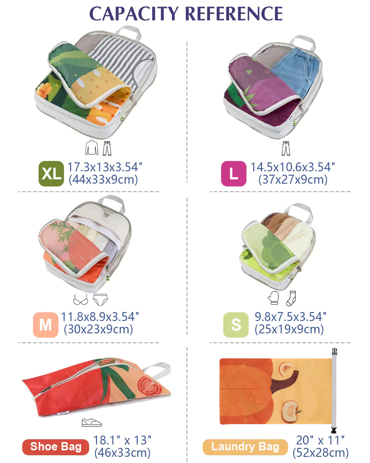 Gonex 6pcs fruit and veggie luggage organizers capacity reference