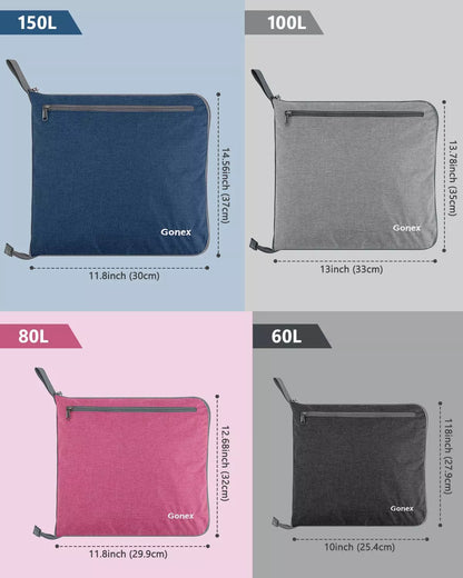 Comparison chart of different sizes of Gonex 100l fabric duffle bags with dimensions and colors.