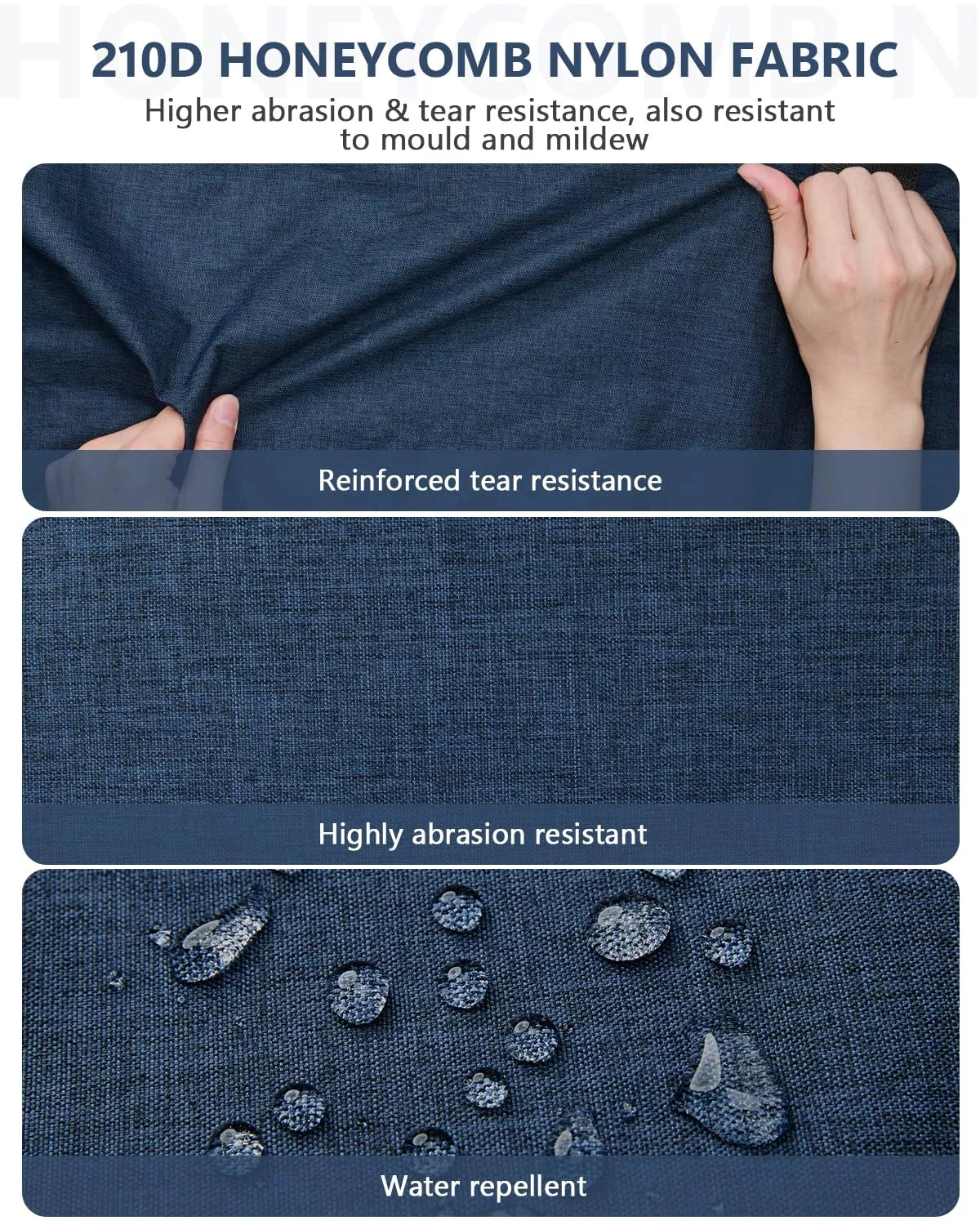 Blue 210D honeycomb nylon fabric with text highlighting its properties