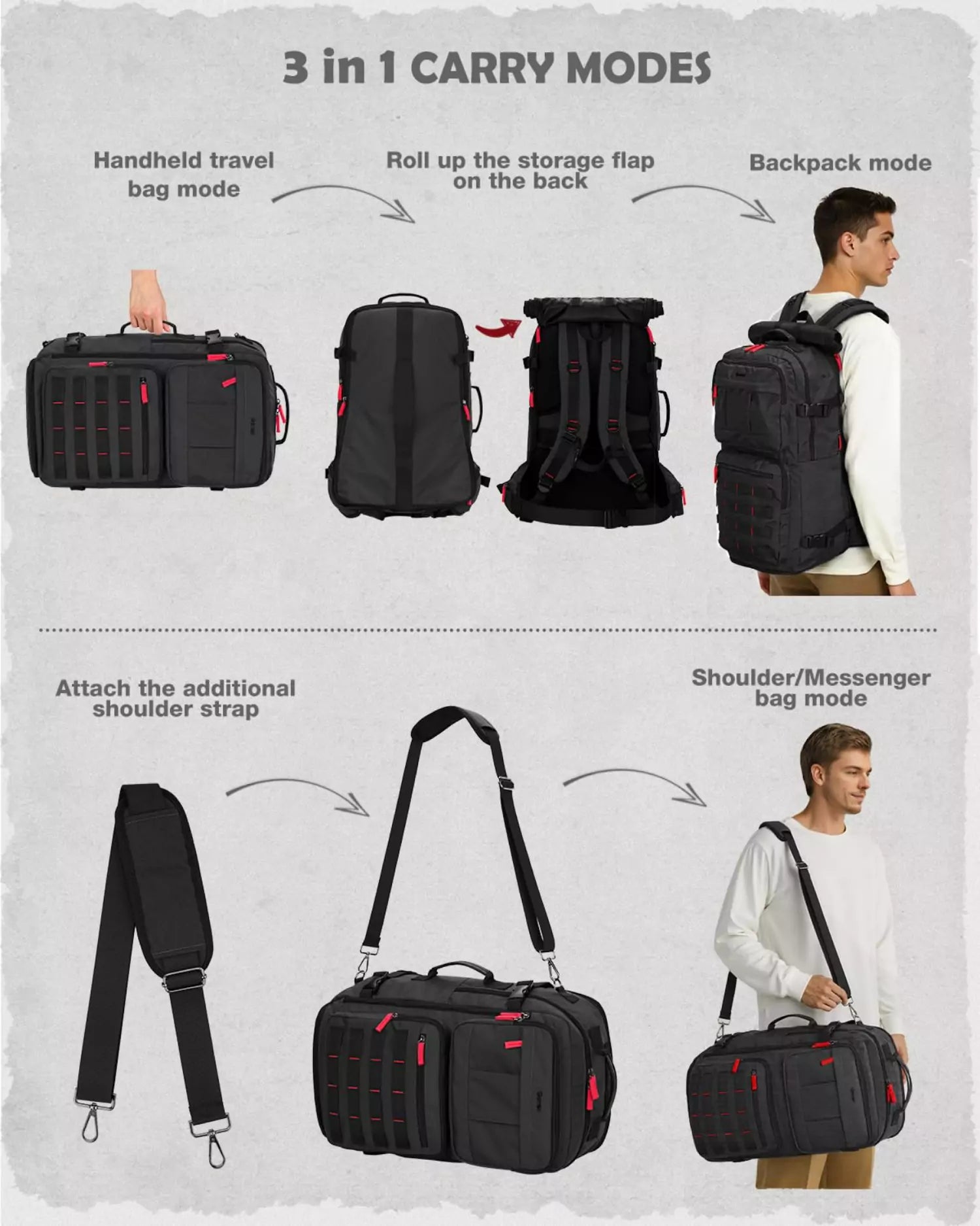 3 in1 carry modes nylon travel with backpack