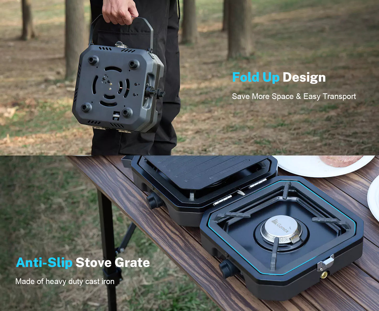 Fold up design and anti-slip stove grate portable stove