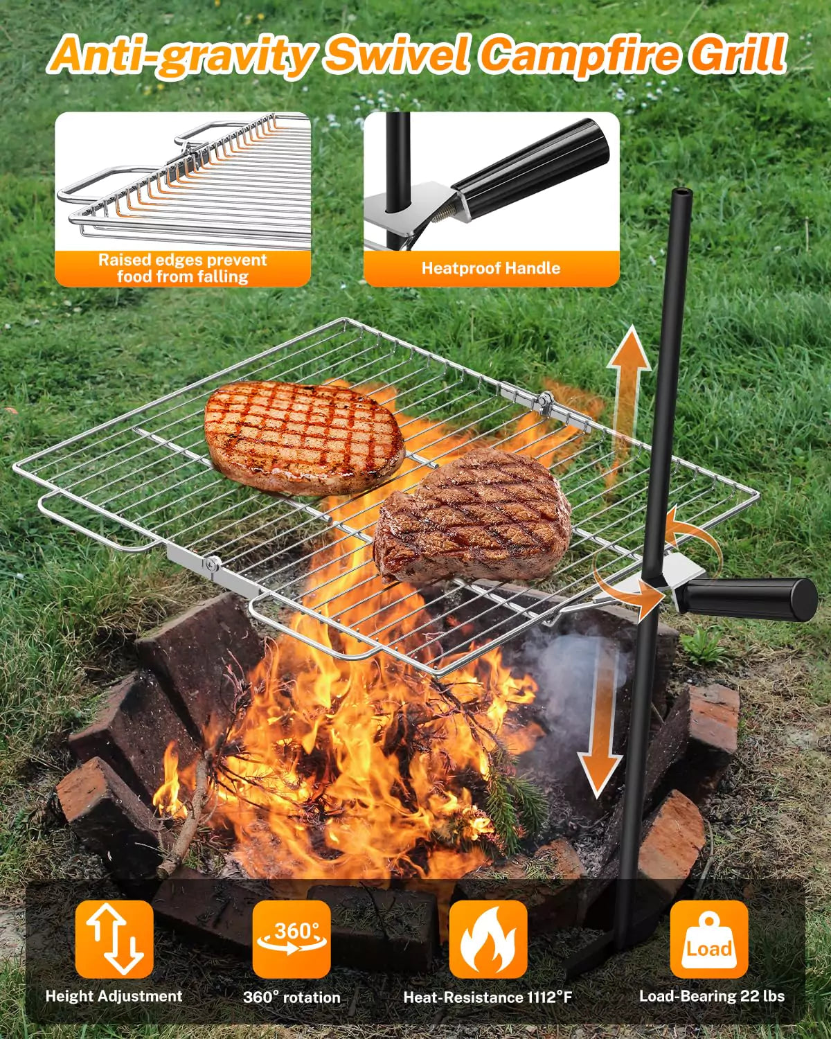 camp grill Gonex Portable Swivel Campfire Grill Grate Folding Stainless Steel