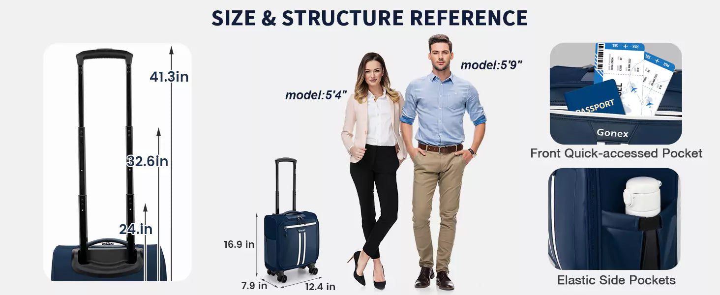 Gonex 14 inch under seat luggage size and structure reference
