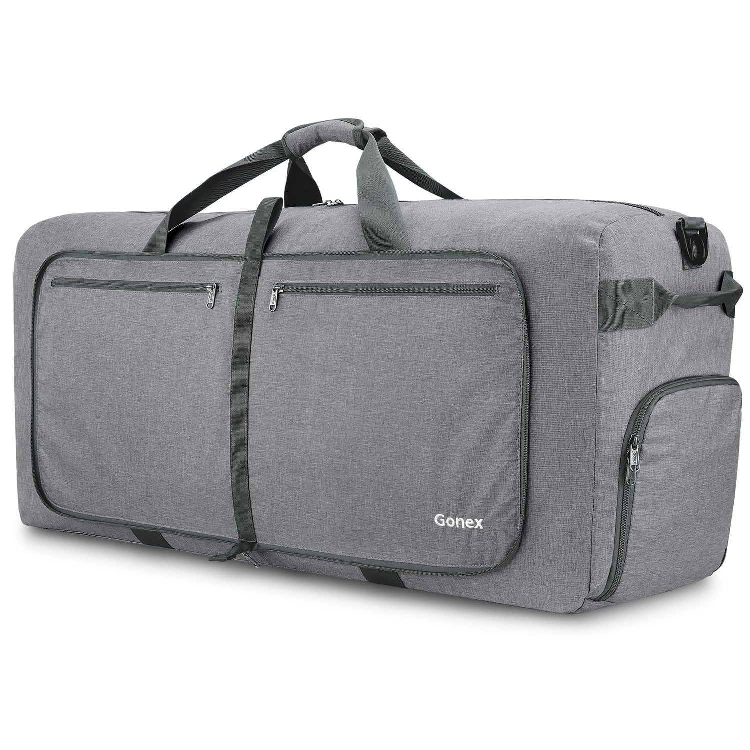 Gray duffel bag 100l with zippers and Gonex branding