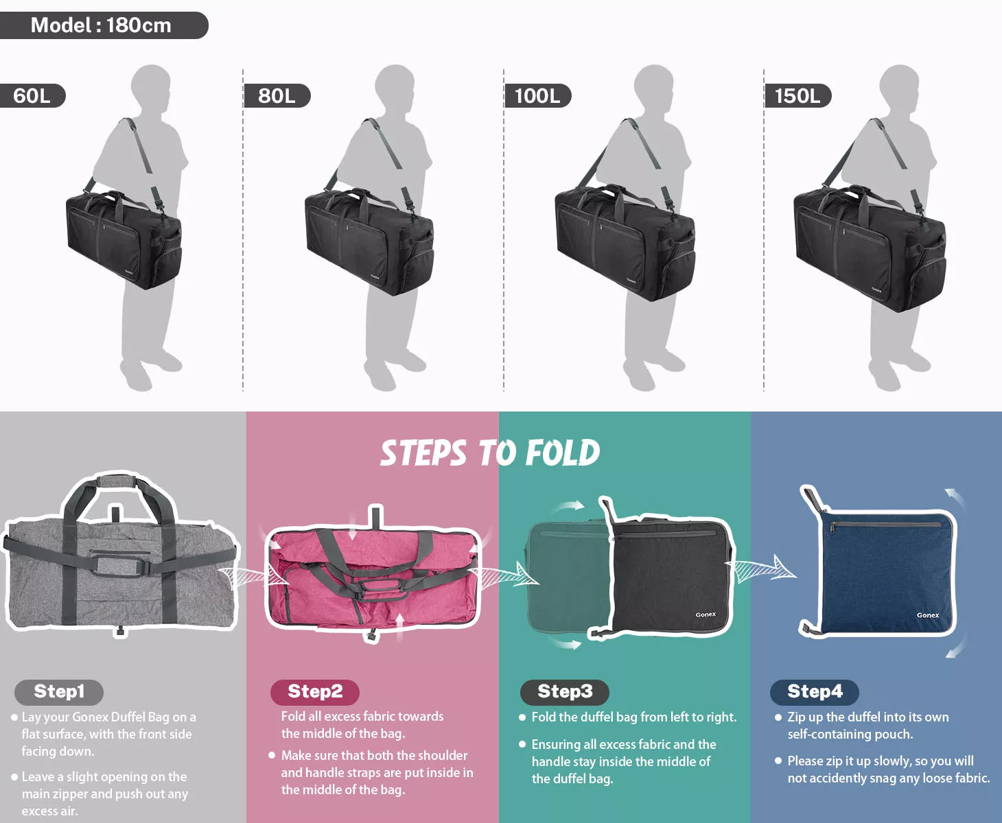 Packing step of gonex waterproof duffle bag