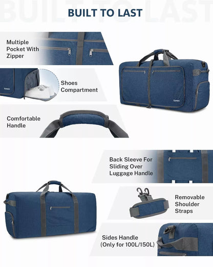 Blue duffel bag 100l with features highlighted
