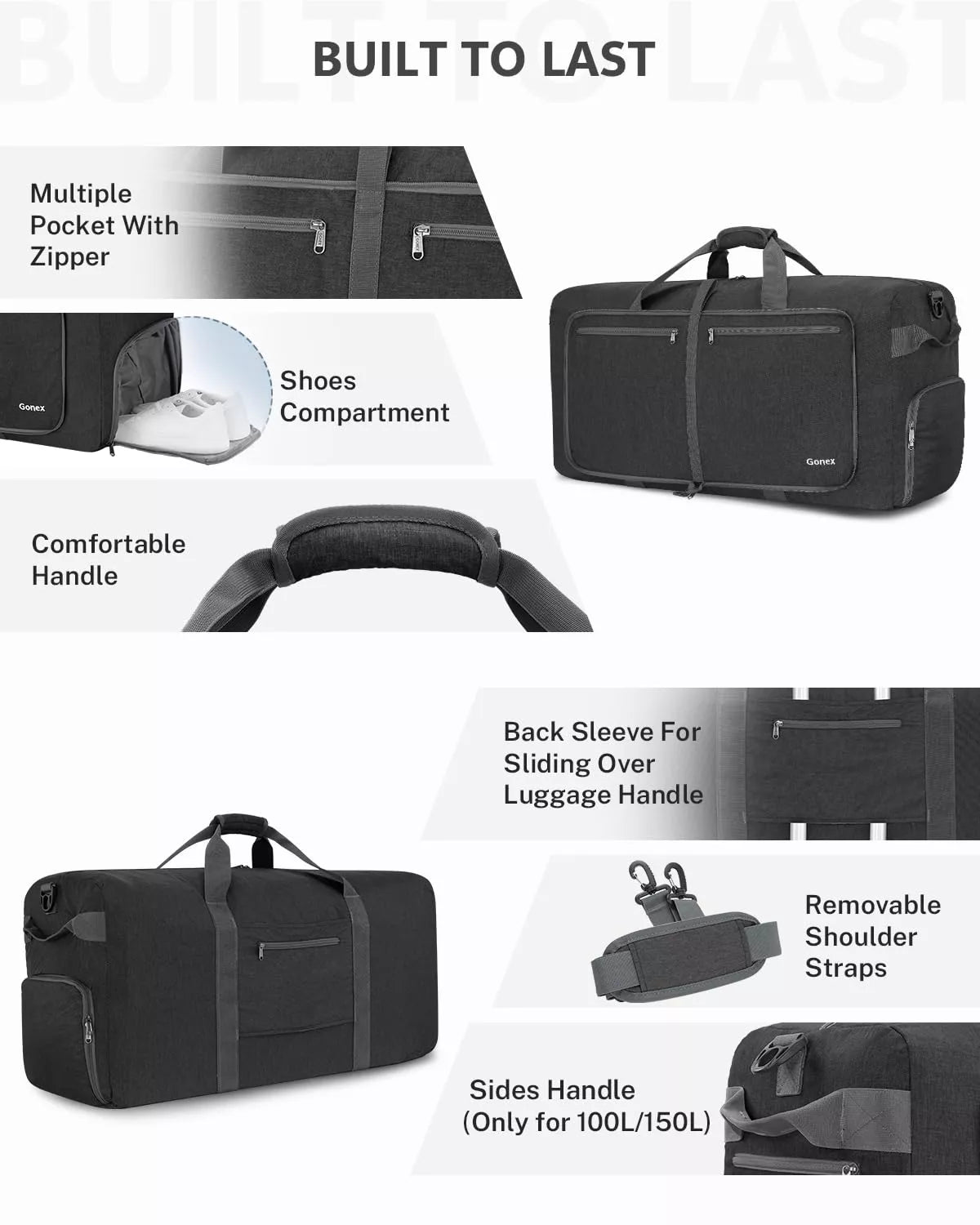 Black travel duffel bag with features highlighted