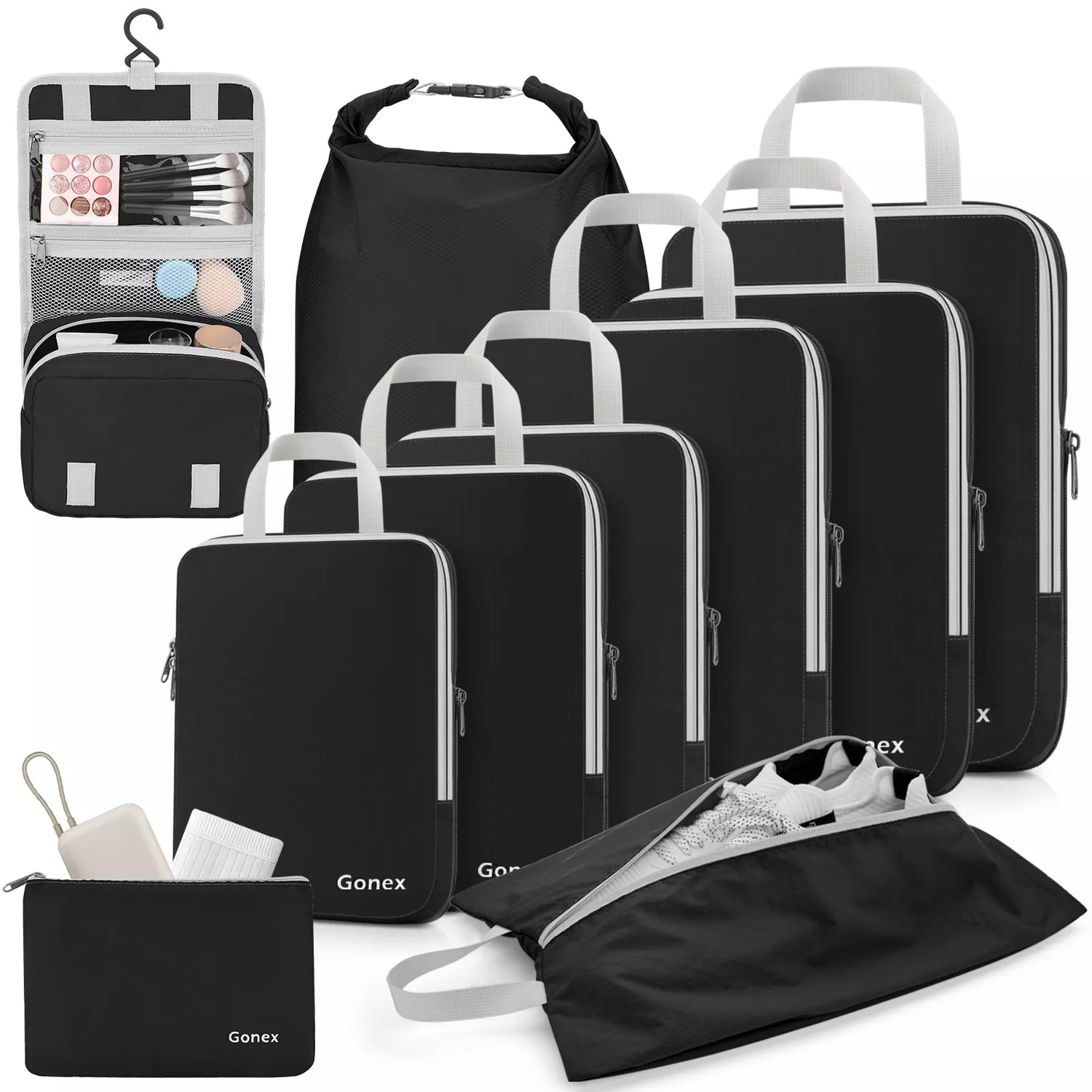 Set of black travel bags with various compartments and a makeup organizer