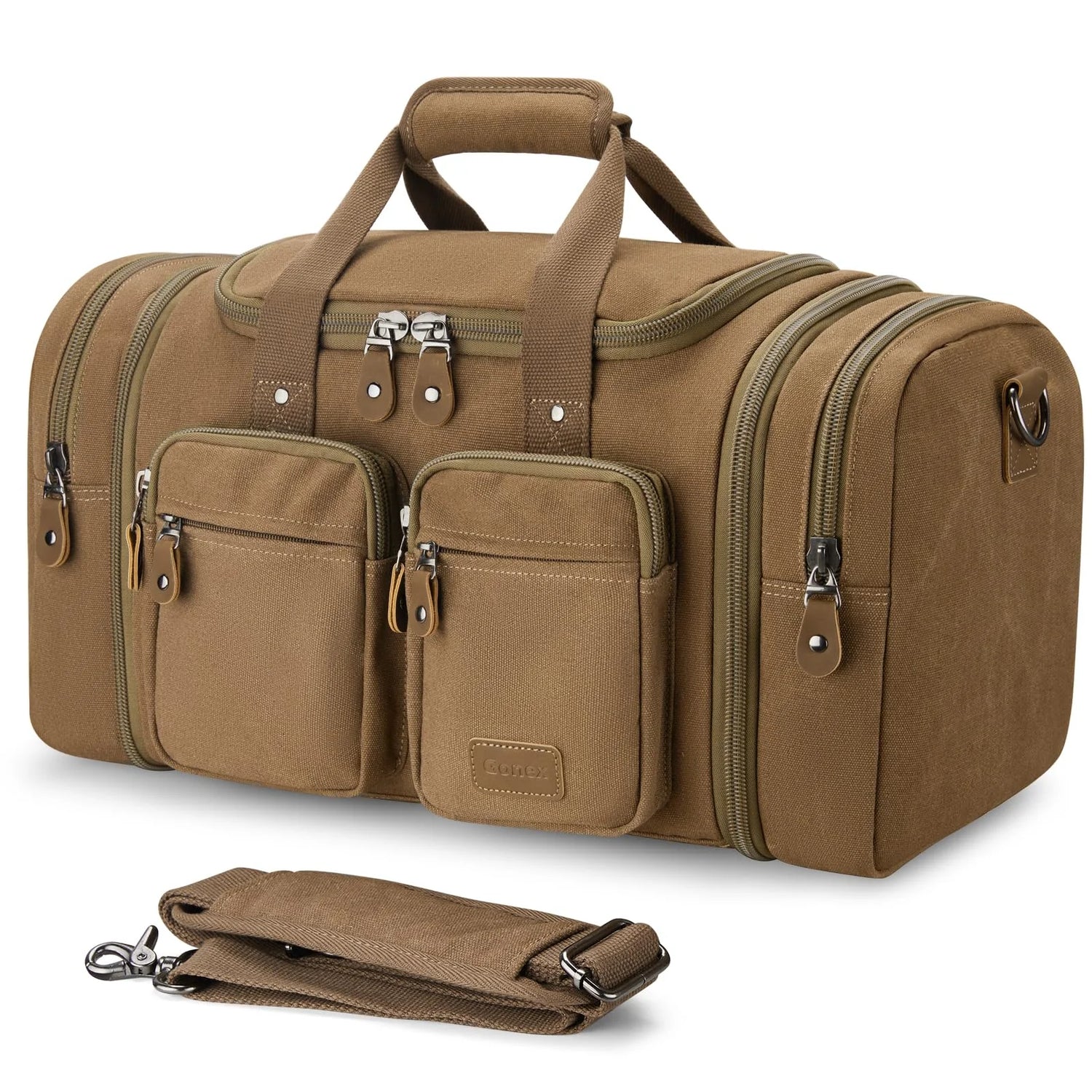 duffel bag of carryon which is easier to travel with Gonex Canvas Duffle Bag , Expandable Water Resistant 50L Carry-on Bags, Coffee