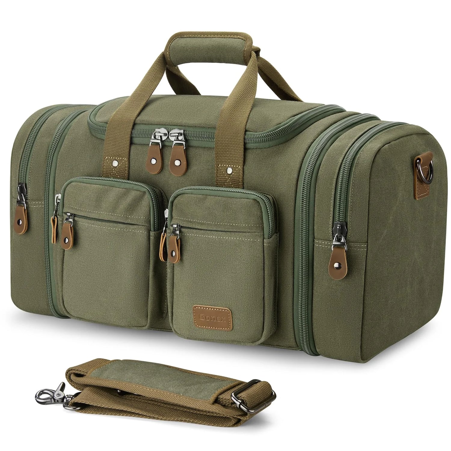 cool travel bags for men Gonex Canvas Duffle Bag , Expandable Water Resistant 50L Carry-on Bags, Army Green