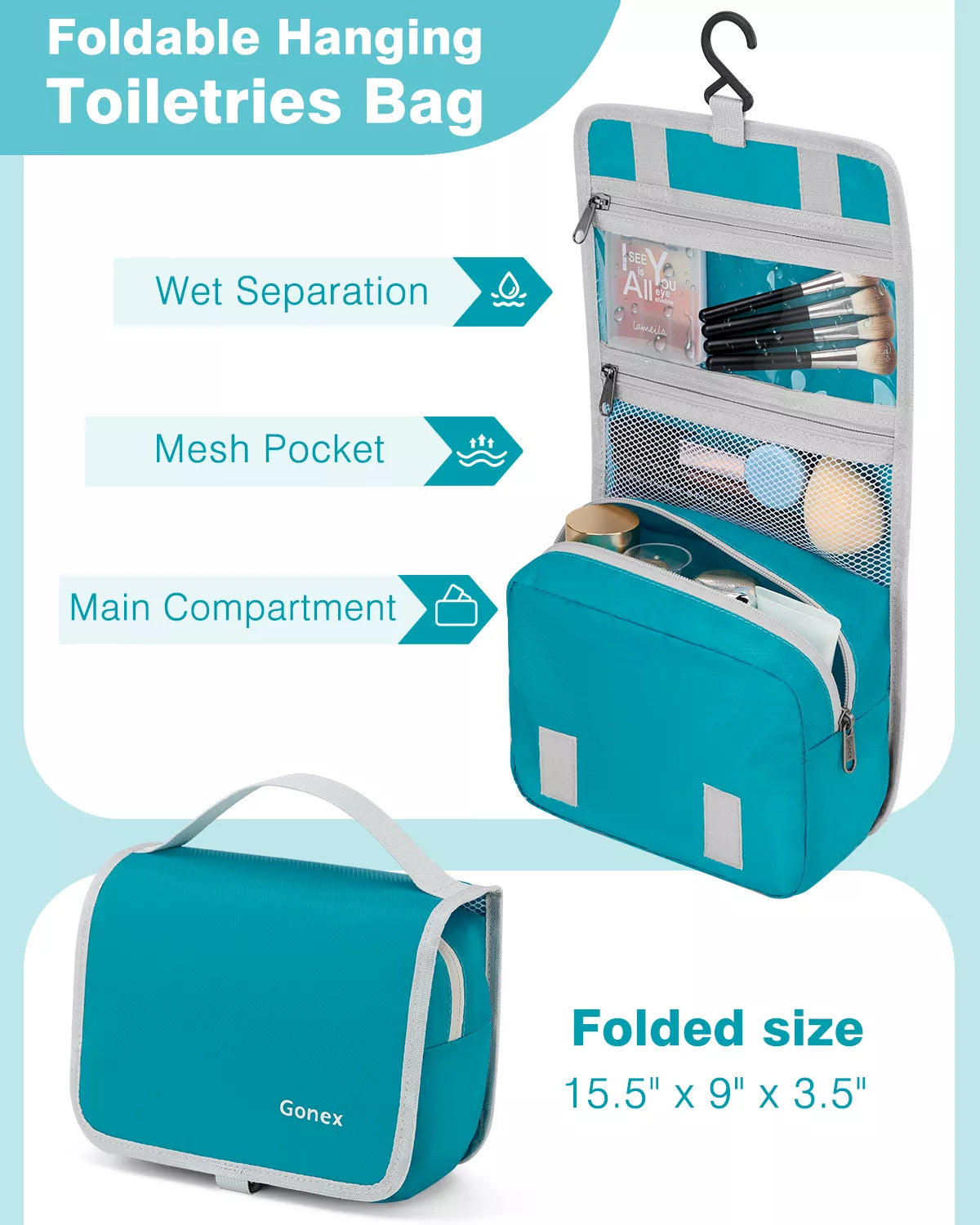 Teal toiletries bag with hanging hook, mesh pocket, and main compartment