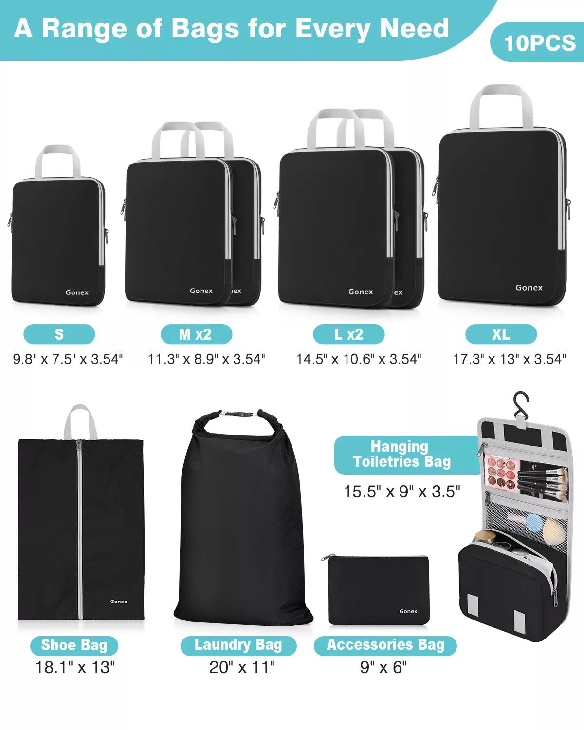 Set of black compression packing cubes 10 pcs with various sizes and types, including a hanging toiletries bag and accessory bag
