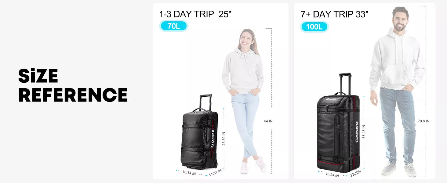 Gonex 33 inch rolling duffle bag size reference chart with a person standing next to each size.
