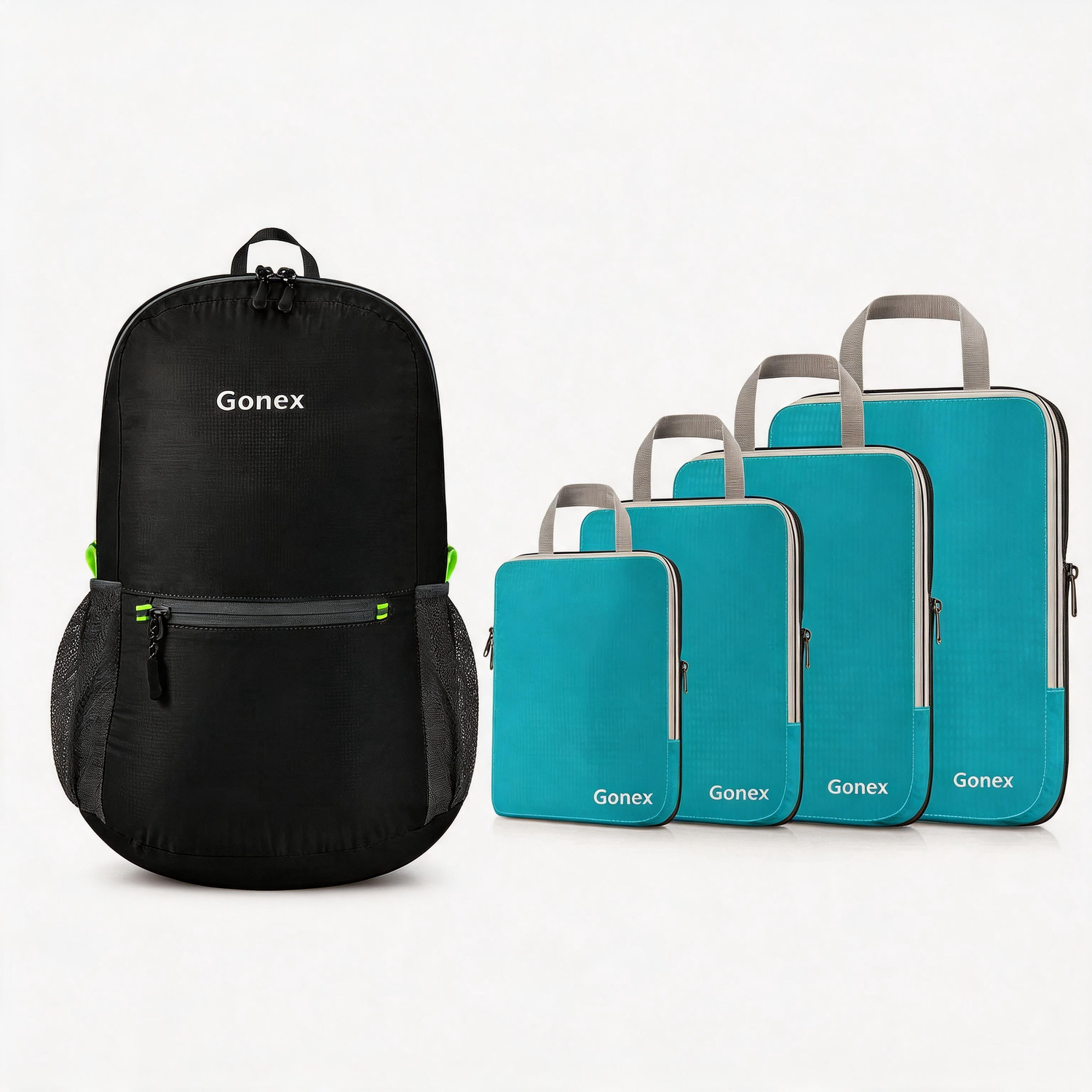 Lightweight Travel 2-Piece Set|Gonex Packable Backpack & Packing Cubes, Black / Blue