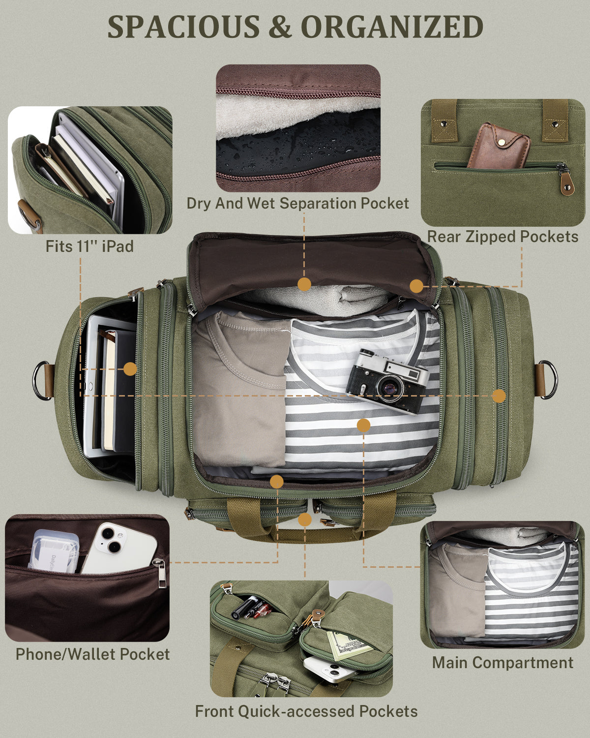 Gonex 60L canvas duffle bag with multiple organizer pockets