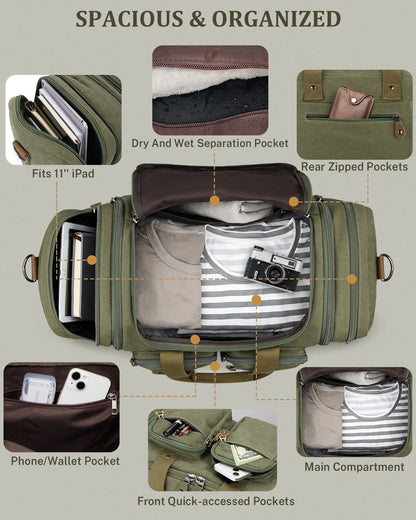 Gonex 60L canvas duffle bag with multiple organizer pockets