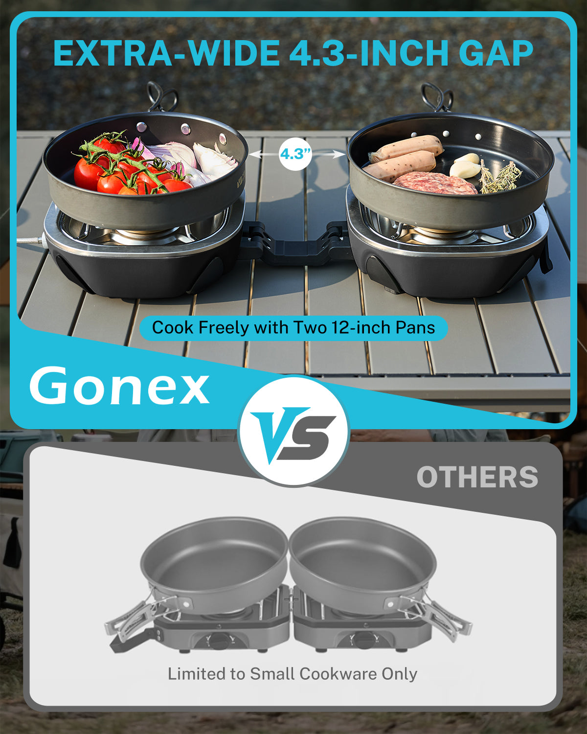 Gonex double burner camping stove with extra-wide 4.3 inch gap