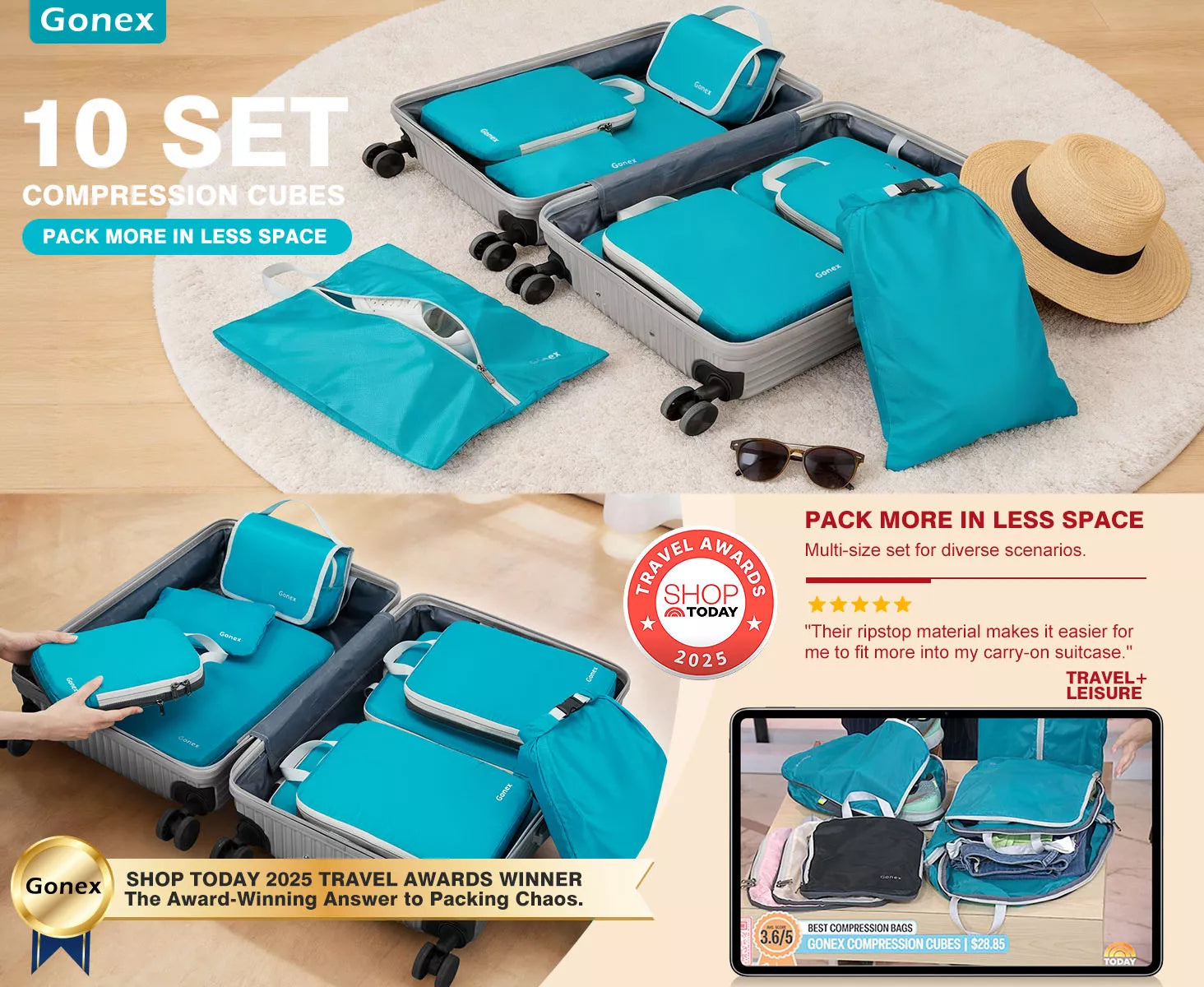 Compression cubes in a suitcase with promotional text and awards on a wooden floor.