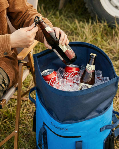 Gonex cooler backpack filled with drinks and ice for camping