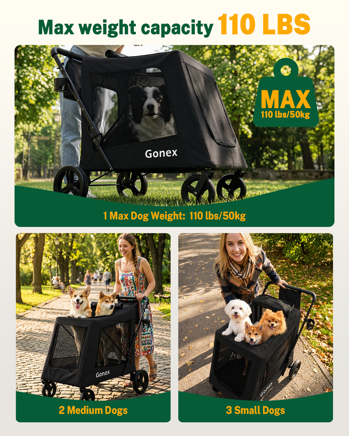 Gonex dog stroller supports up to 110 lbs for one large dog, two medium dogs, or three small dogs