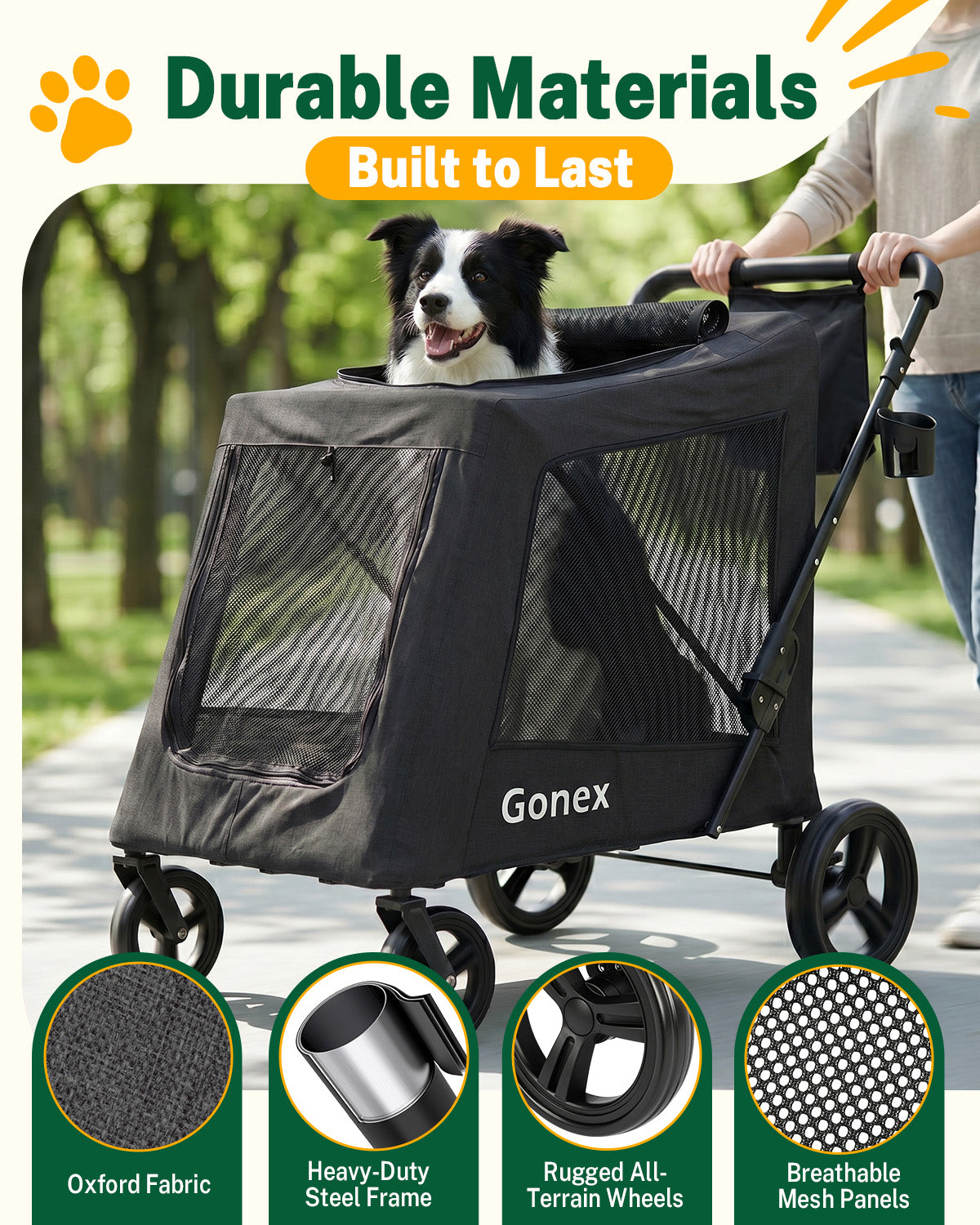 Gonex dog stroller made with Oxford fabric, steel frame, all-terrain wheels, and breathable mesh