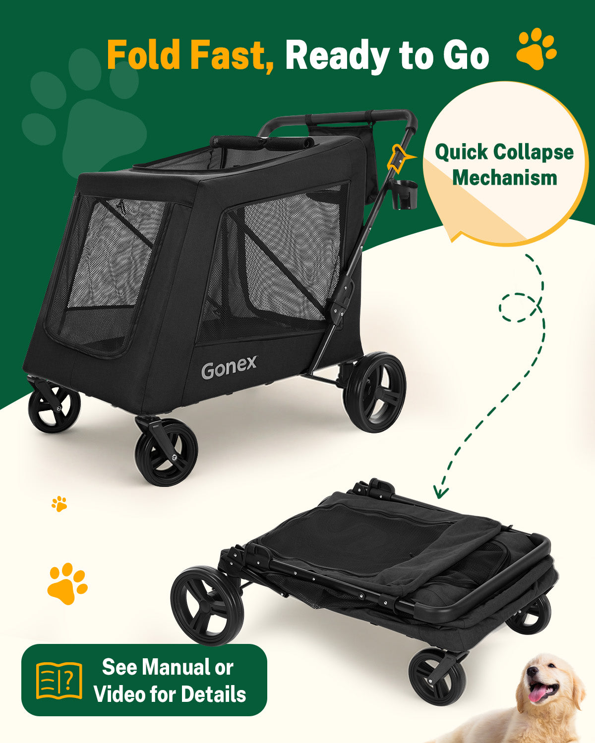 Gonex foldable dog stroller with quick collapse mechanism for easy storage